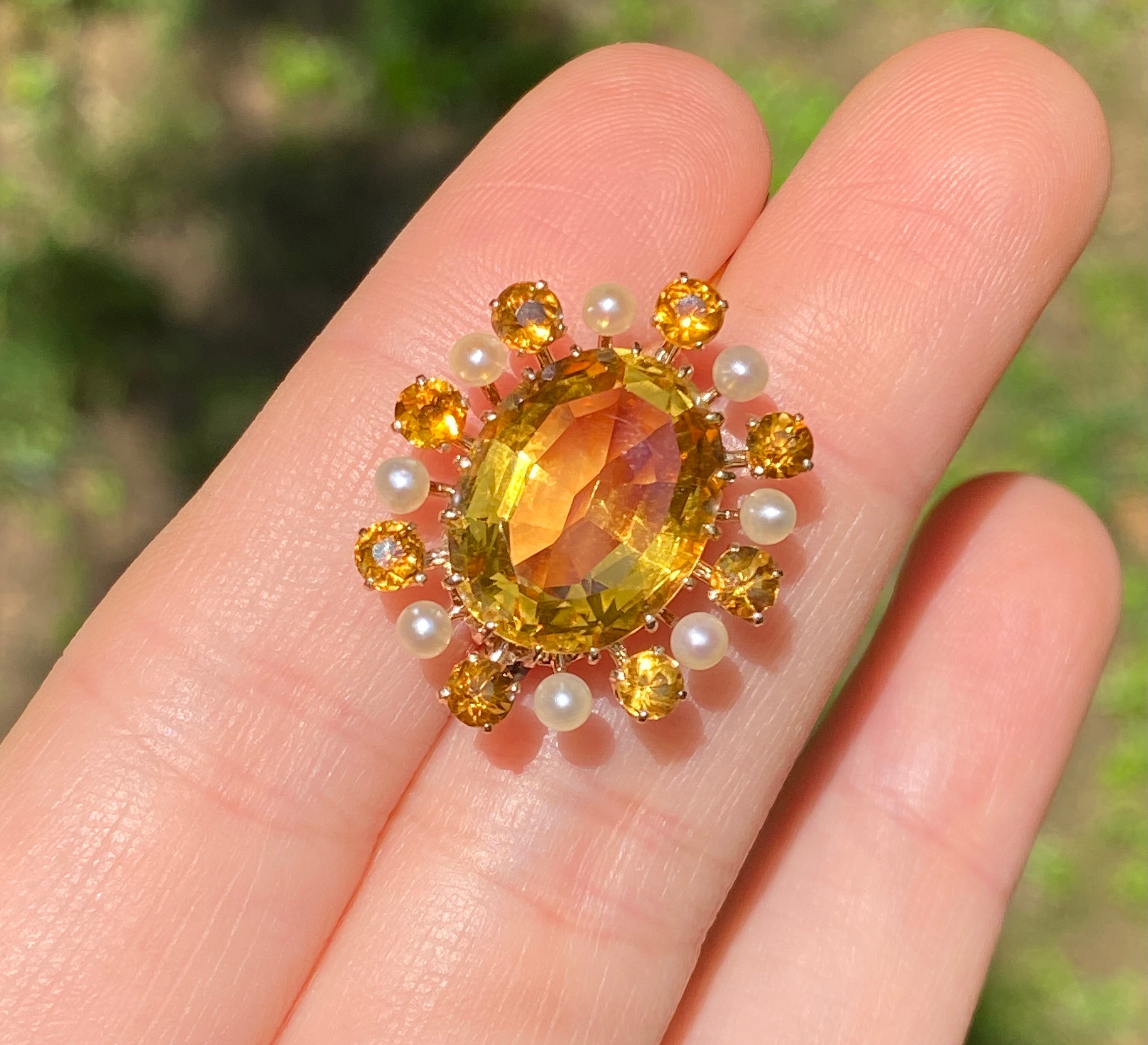 Celestial Brooch Citrine color Rhinestones Marquise and Round-cut with Hand set Metal Prongs Gold Patina 1 1/2 Inches Wide 2 1/4 Inches on sale Long