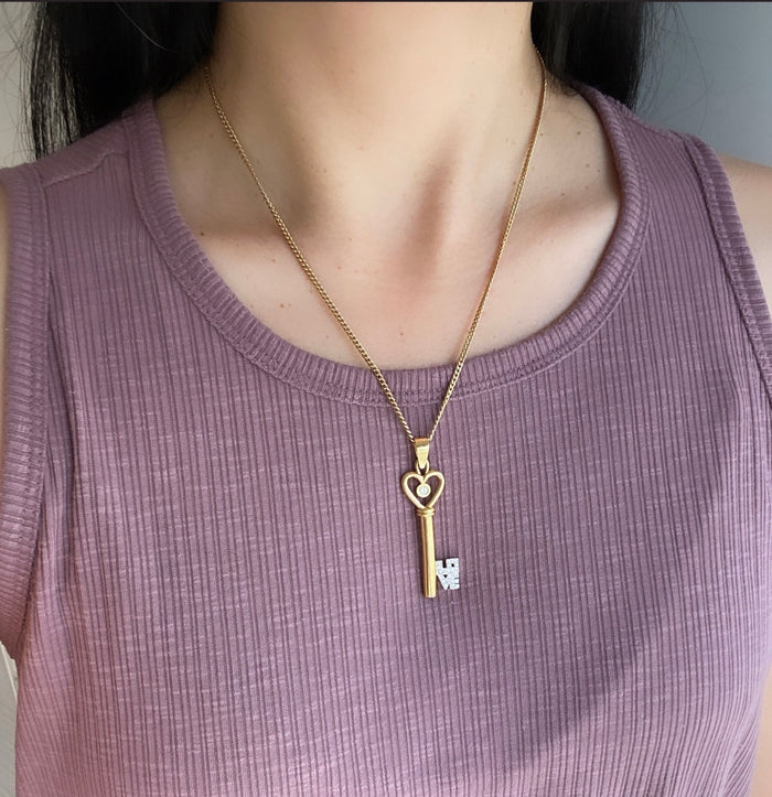 Large Diamond and 18K Gold LOVE Skeleton Key Pendant