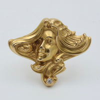 Art Nouveau 14K Gold and Diamond Lady’s Face Portrait Pin