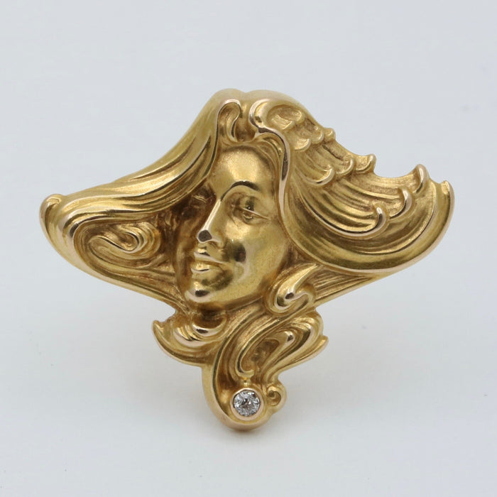 Art Nouveau 14K Gold and Diamond Lady’s Face Portrait Pin