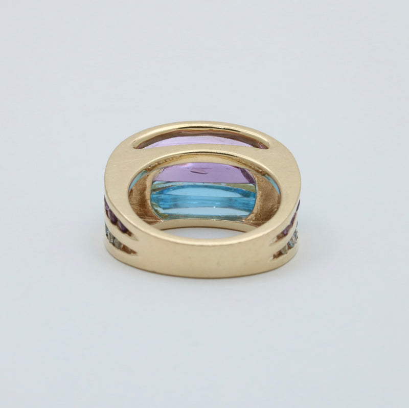 Vintage Amethyst and Blue Topaz Dome Shaped 14K Gold Ring