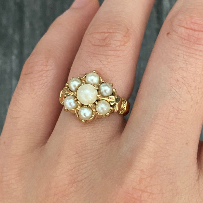 Victorian Revival Pearl Cluster 14K Gold Ring