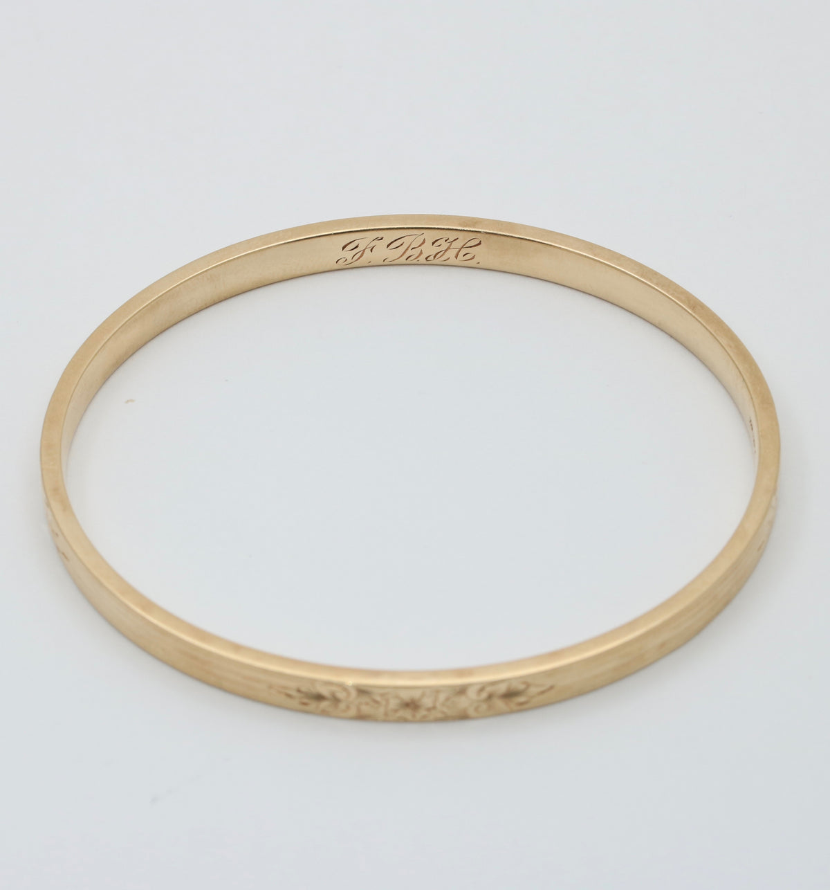 Art Deco 14K Gold Chased Floral Bangle Bracelet, 7.5” Circumference