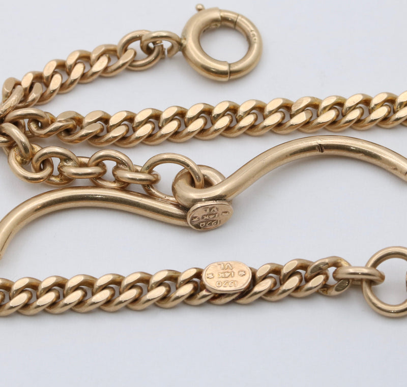 Art Deco 14K Gold Flat Curb Link “1920” Watch Chain, 21.25” Long