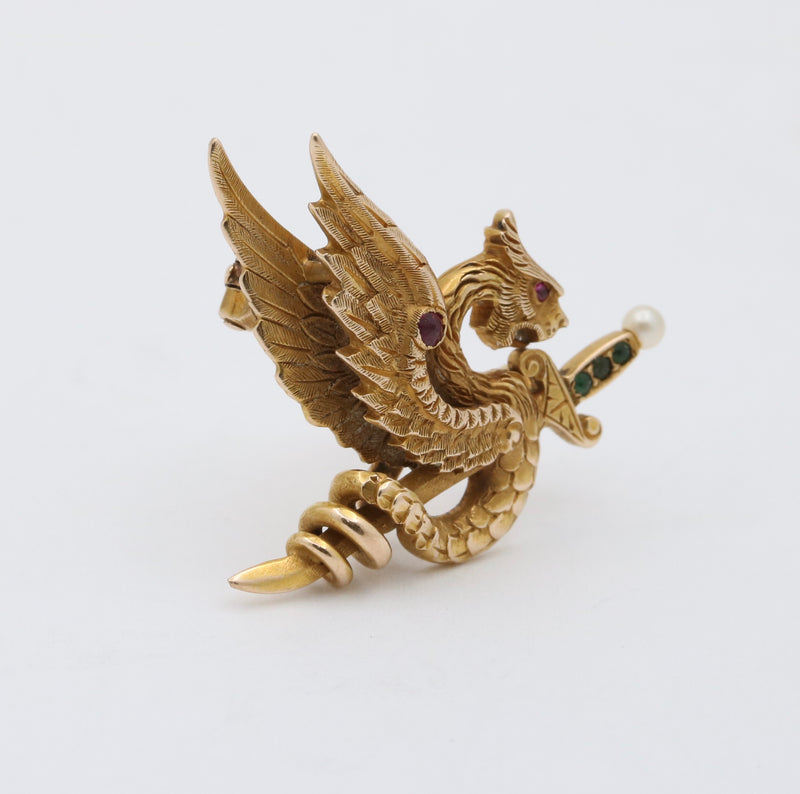 Art Nouveau Rikers Brothers 14K Gold Dragon Pin