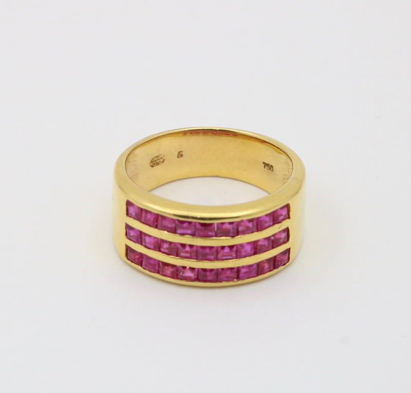 Triple Row Natural Ruby and 18K Gold Wide Band