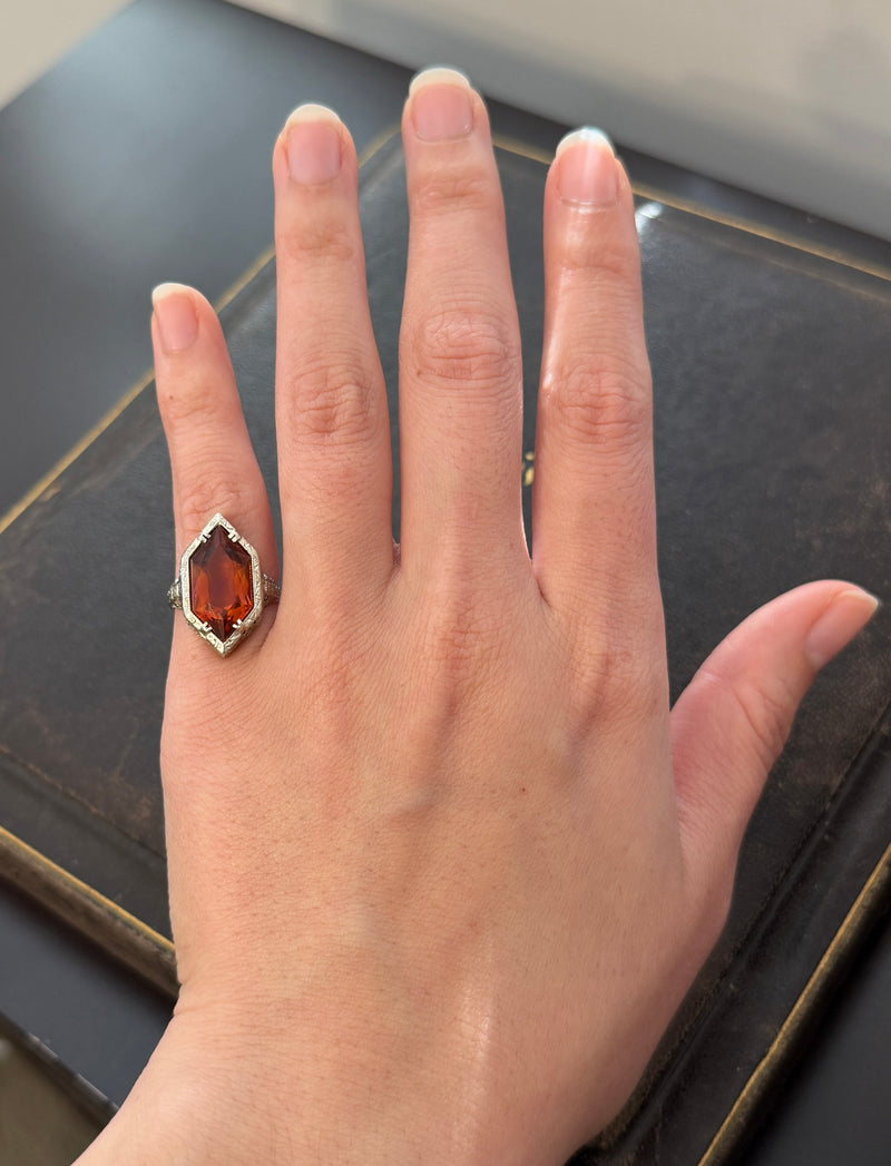 Art Deco Hexagonal Citrine and 14K Gold Filigree Ring