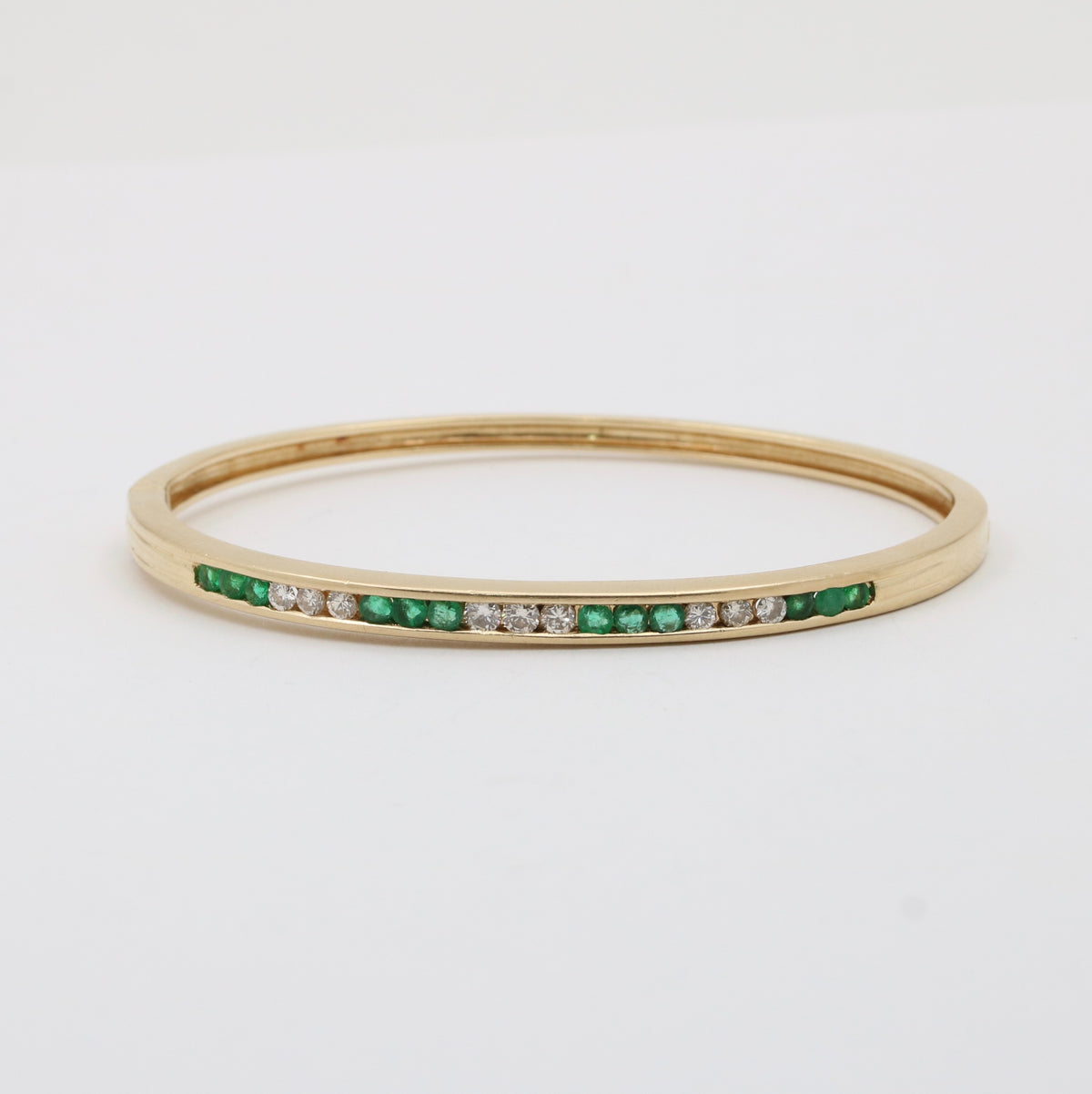 Vintage Emerald and Diamond 14K Gold Bangle, 6.75” Circumference