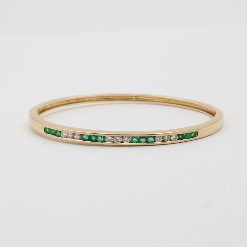 Vintage Emerald and Diamond 14K Gold Bangle, 6.75” Circumference