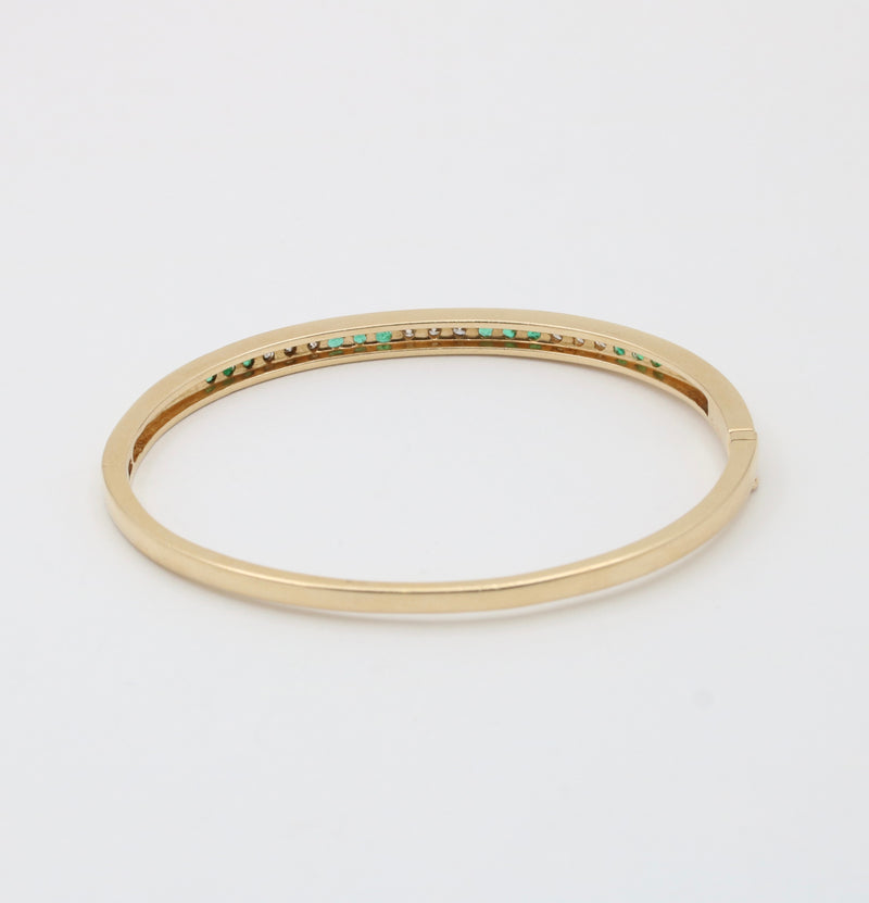 Vintage Emerald and Diamond 14K Gold Bangle, 6.75” Circumference