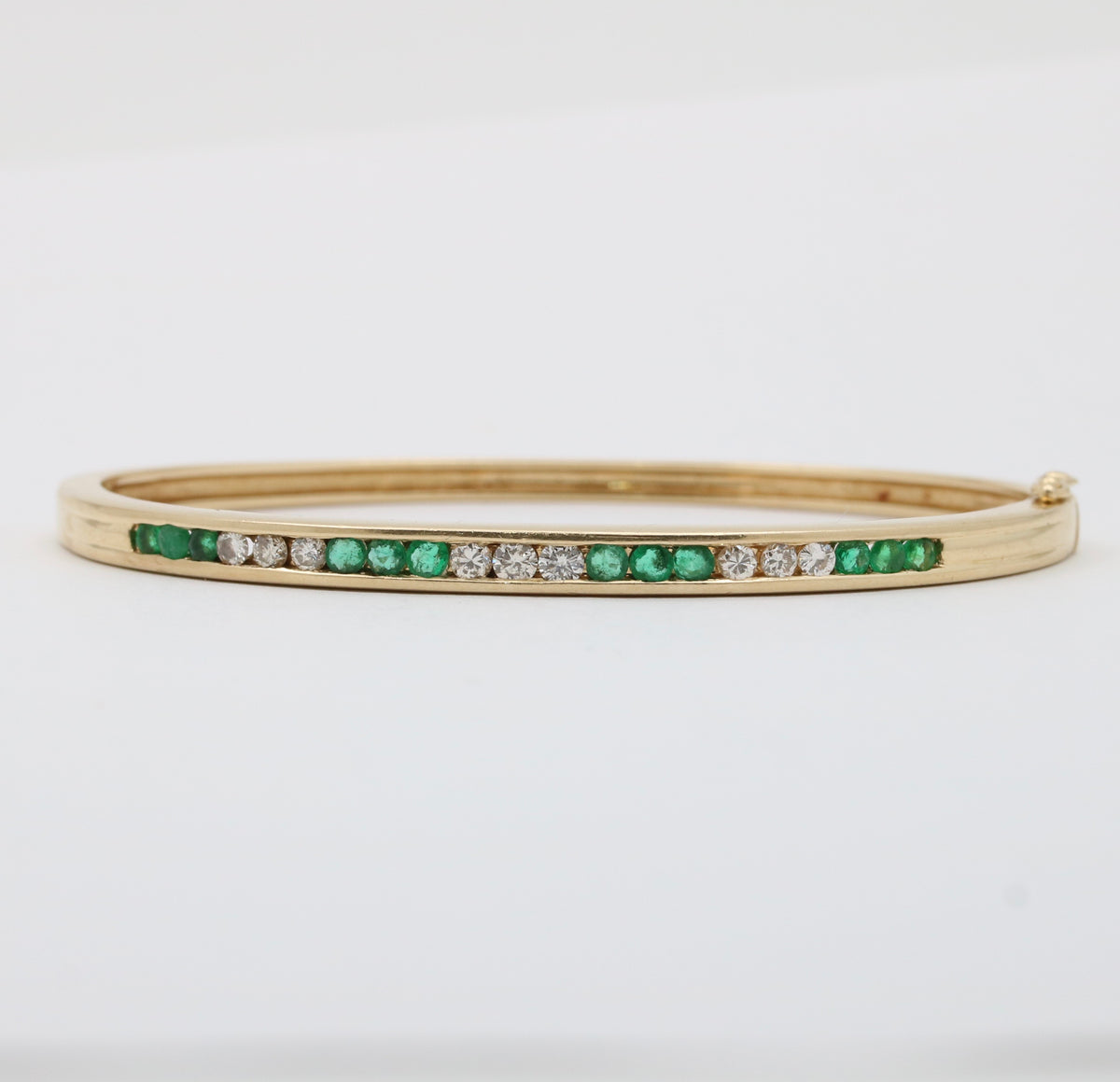 Vintage Emerald and Diamond 14K Gold Bangle, 6.75” Circumference