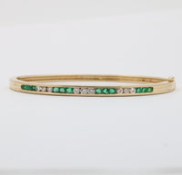 Vintage Emerald and Diamond 14K Gold Bangle, 6.75” Circumference