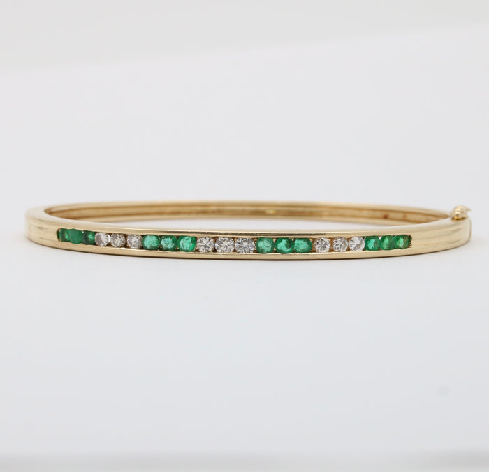 Vintage Emerald and Diamond 14K Gold Bangle, 6.75” Circumference