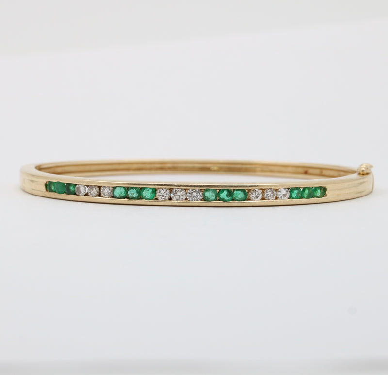 Vintage Emerald and Diamond 14K Gold Bangle, 6.75” Circumference