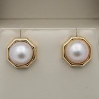 Vintage 1980s Octagon Mabe Pearl and 14K Gold Earrings