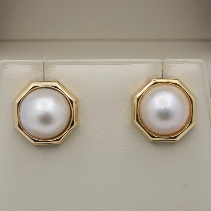 Vintage 1980s Octagon Mabe Pearl and 14K Gold Earrings