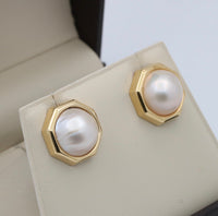 Vintage 1980s Octagon Mabe Pearl and 14K Gold Earrings