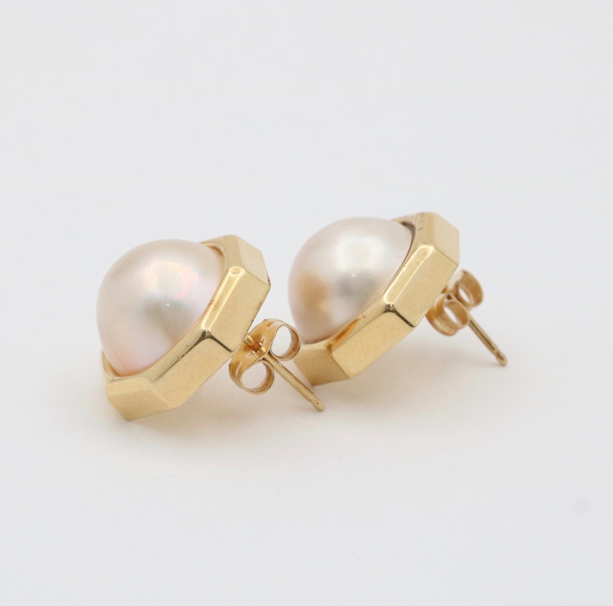 Vintage 1980s Octagon Mabe Pearl and 14K Gold Earrings