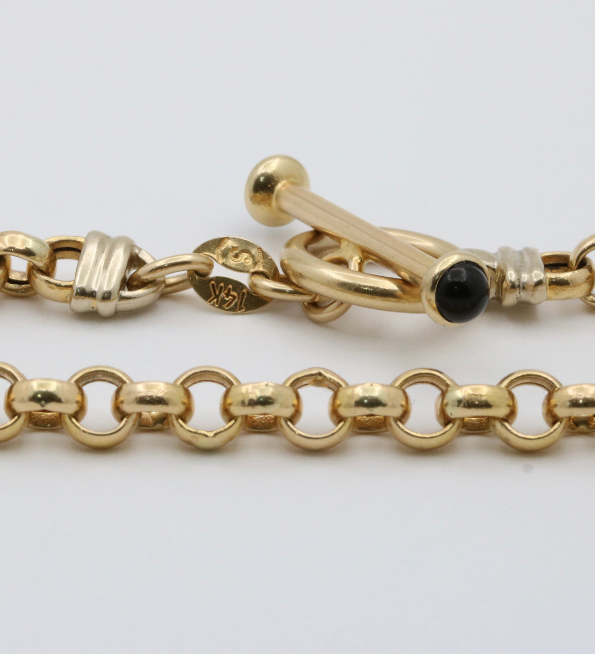 14K Gold Belcher Link Toggle Bracelet, 7.25” Long