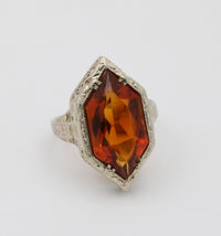 Art Deco Hexagonal Citrine and 14K Gold Filigree Ring