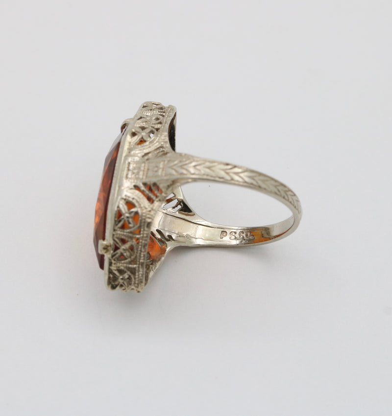 Art Deco Hexagonal Citrine and 14K Gold Filigree Ring