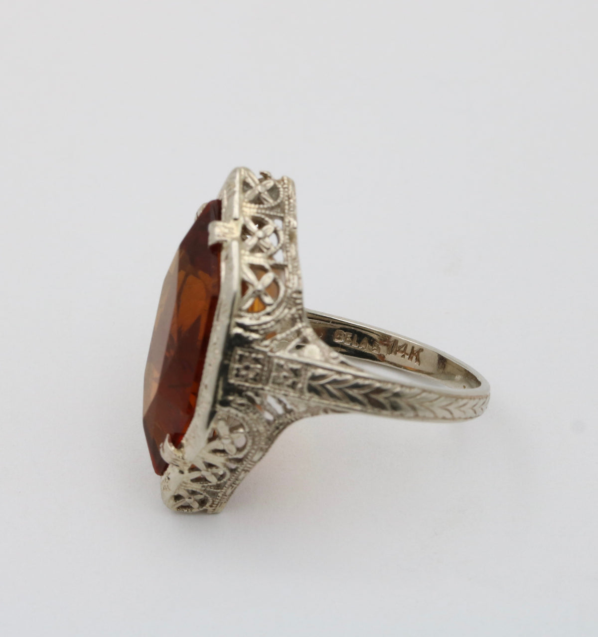 Art Deco Hexagonal Citrine and 14K Gold Filigree Ring