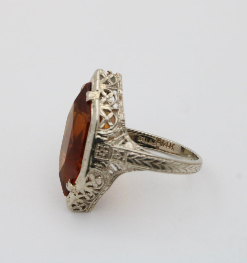 Art Deco Hexagonal Citrine and 14K Gold Filigree Ring