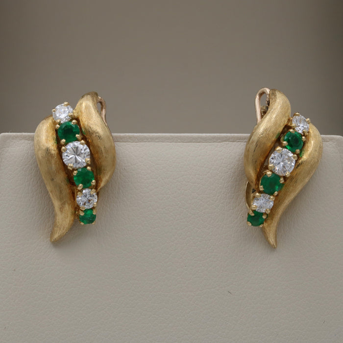 Vintage 1.24 Ct Diamond and 0.96 Ct Emerald Swirl Earrings