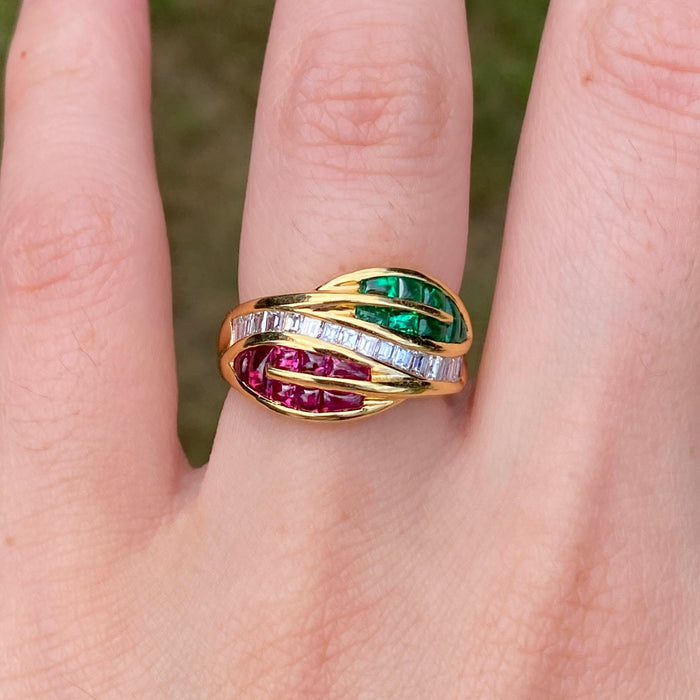 Natural Emerald, Ruby, and Diamond Leaf Ring