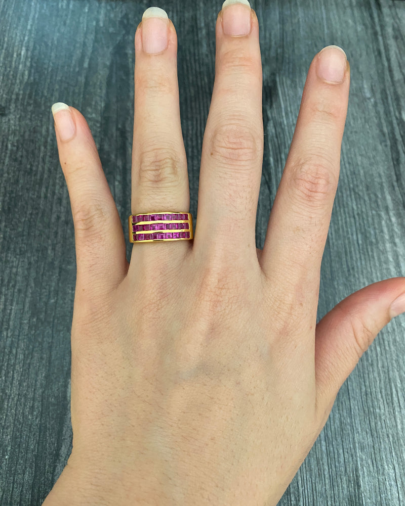 Triple Row Natural Ruby and 18K Gold Wide Band