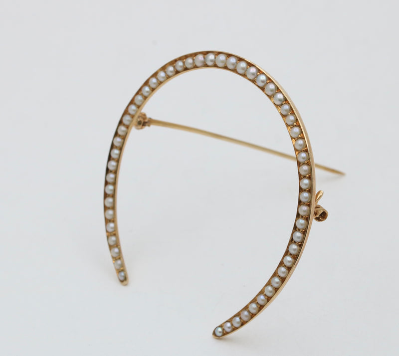 Large Antique Pearl and 14K Gold Horseshoe Pin