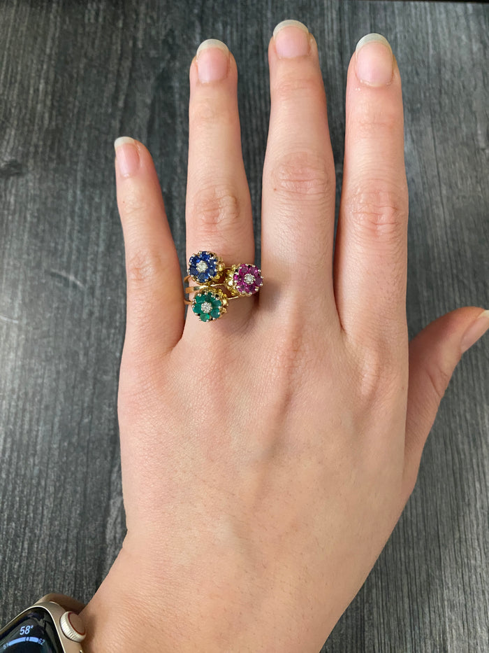 Vintage Trio of Diamond and Multicolor Tulip Stacking Rings