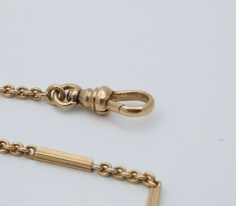 Art Deco 14K Gold Ribbed Bar Link Watch Chain, 14.25” Long