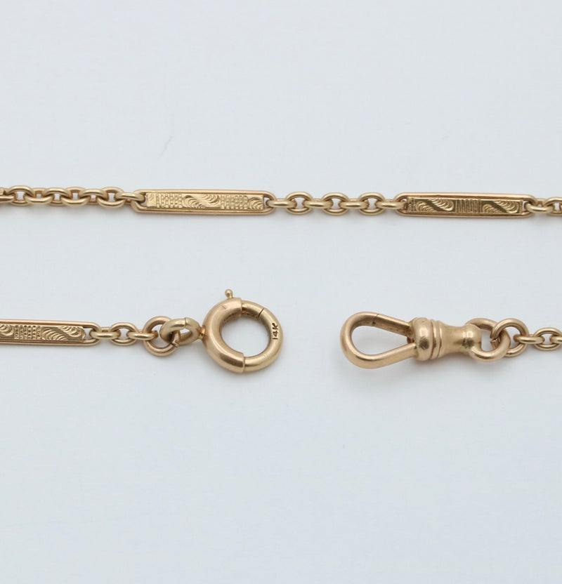 Art Deco 14K Gold Chased Flat Bar Link Watch Chain, 13.75” Long