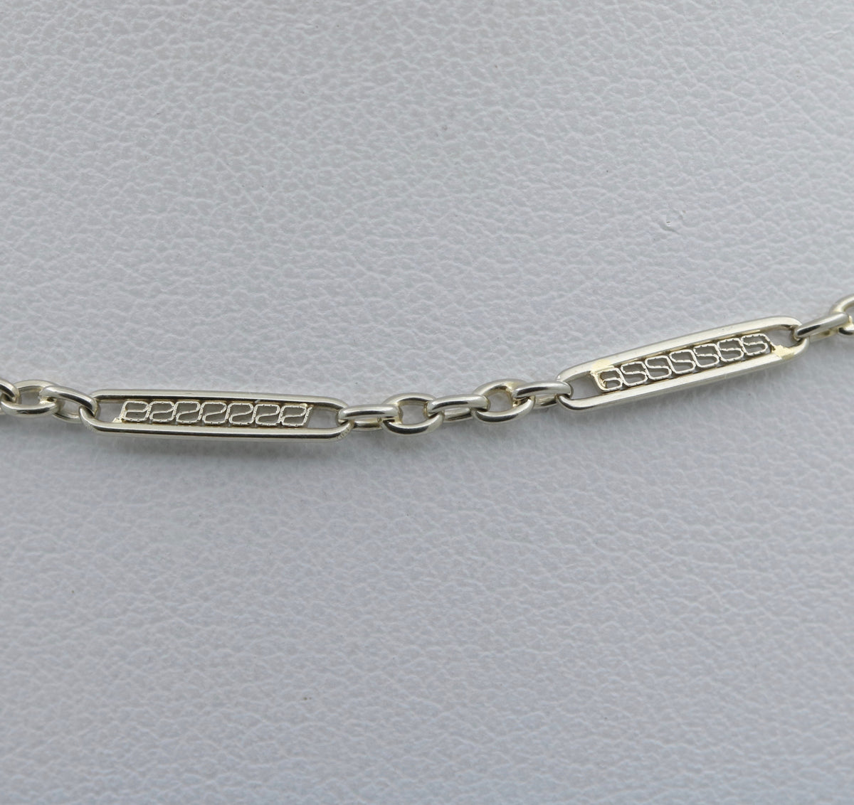 Art Deco 18K White Gold Filigree Bar Link Watch Chain, 14.5” Long