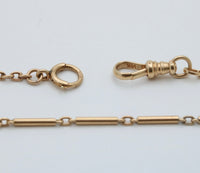 Art Deco 14K Gold Tubular Bar Link Watch Chain, 13.75” Long