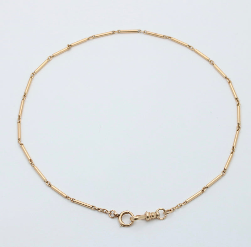 Art Deco 14K Gold Tubular Bar Link Watch Chain, 13.75” Long