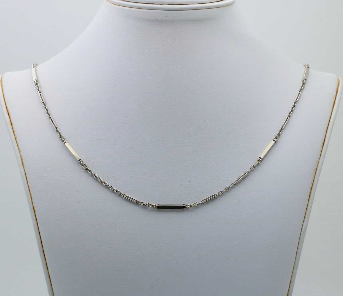 Art Deco 18K White Gold and Enamel Bar Link Chain, 27.5” Long