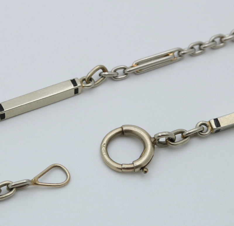 Art Deco 18K White Gold and Enamel Bar Link Chain, 27.5” Long