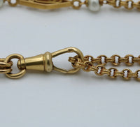 French Victorian 18K Gold and Pearl Longuard Chain, 63” Long