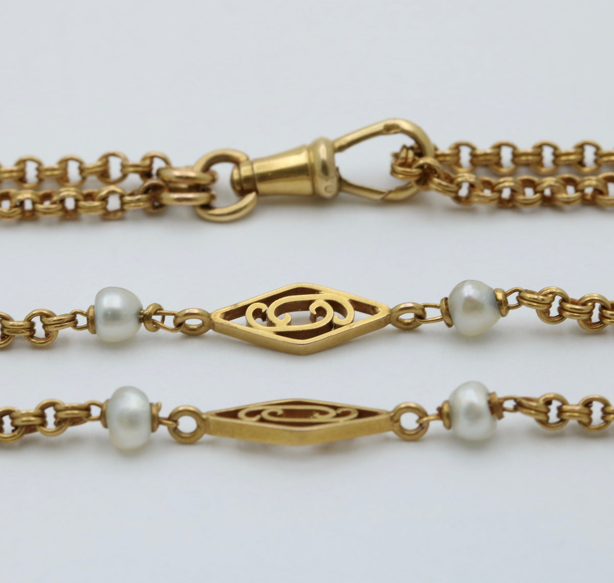 French Victorian 18K Gold and Pearl Longuard Chain, 63” Long