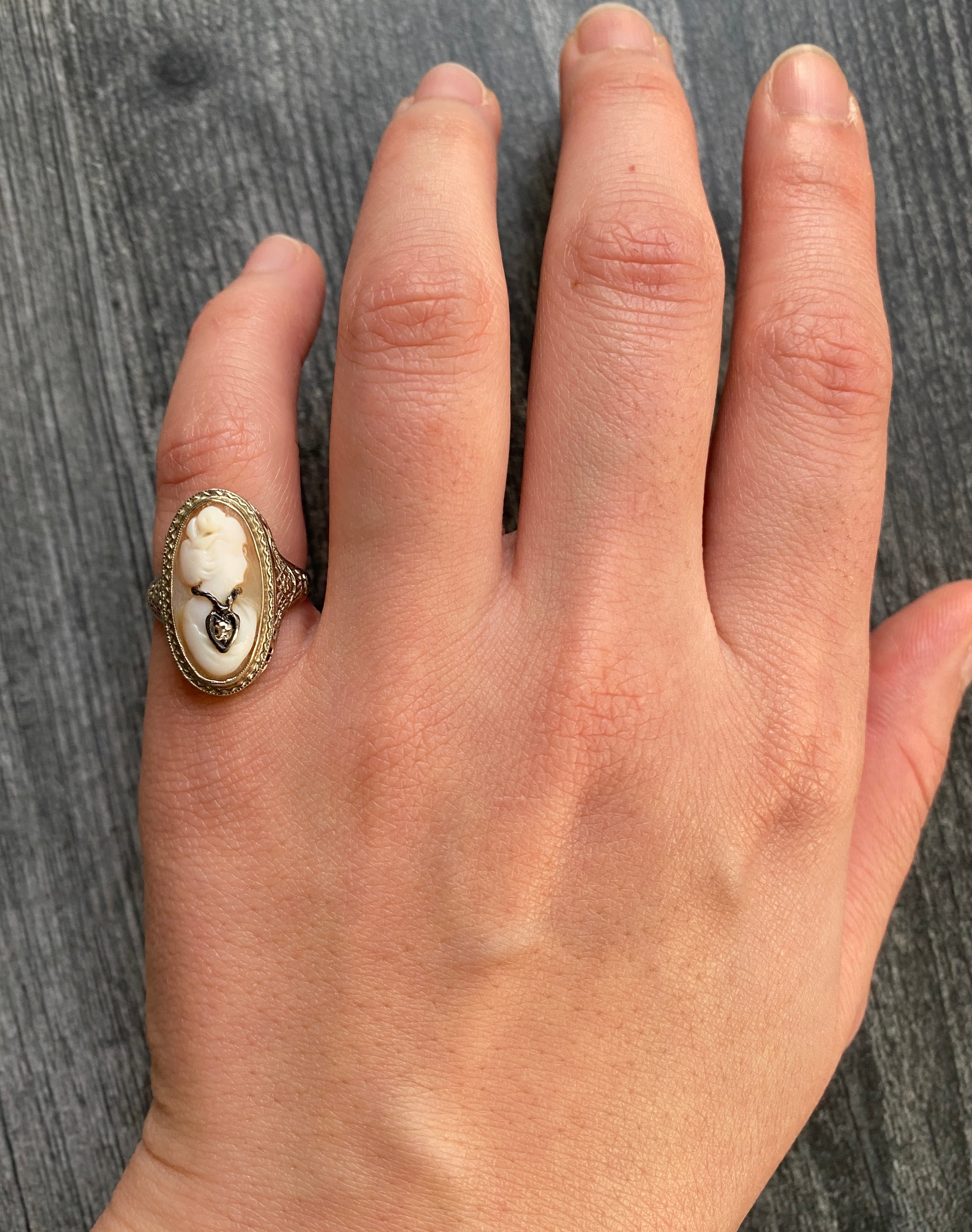 Art Deco 14K Gold and Carved Shell Cameo Ring Alpha Omega Jewelry