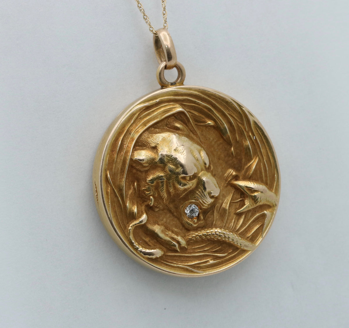 Art Nouveau 14K Gold Tiger and Snake Diamond Locket