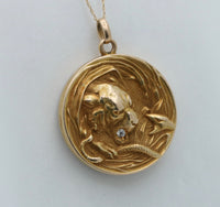 Art Nouveau 14K Gold Tiger and Snake Diamond Locket