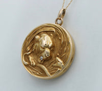 Art Nouveau 14K Gold Tiger and Snake Diamond Locket