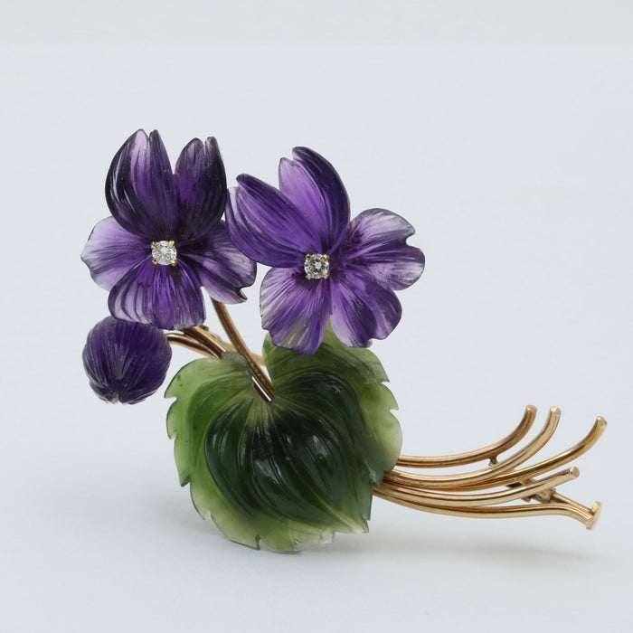 Vintage Austrian Amethyst and Nephrite Jade Flower Brooch