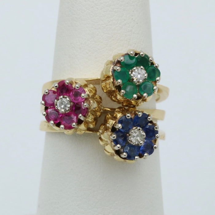 Vintage Trio of Diamond and Multicolor Tulip Stacking Rings