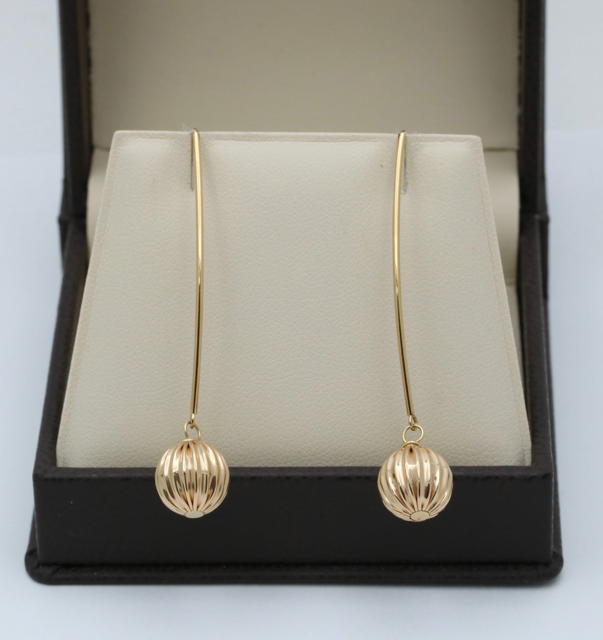 Long Dangling 14K Gold Fluted Ball Earrings