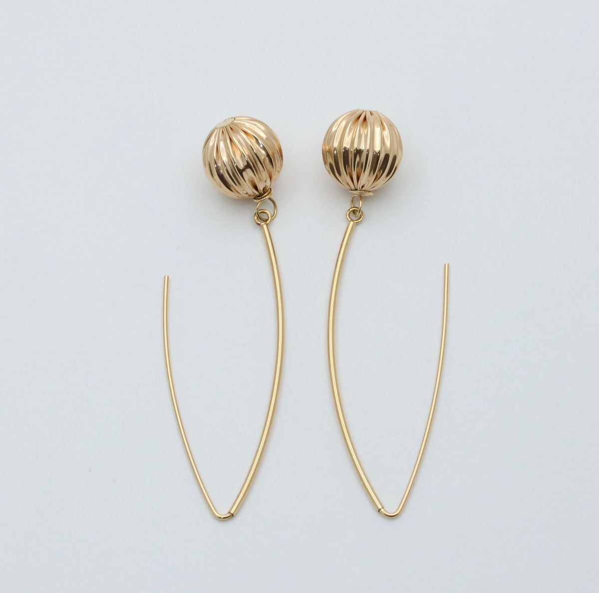 Long Dangling 14K Gold Fluted Ball Earrings