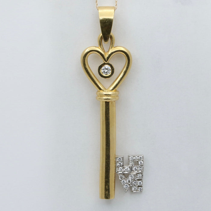 Large Diamond and 18K Gold LOVE Skeleton Key Pendant